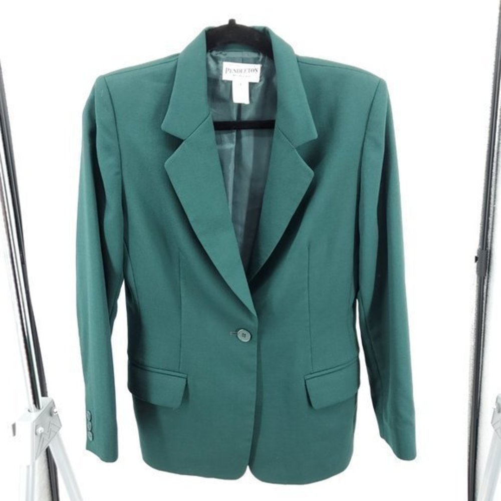 VTG Pendleton 100% Virgin Wool Fitted Single Button Long Line Blazer 8P Green